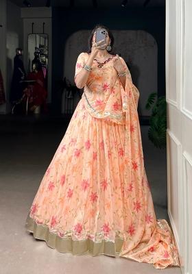 Peacock Floral Print Silk Lehenga Set