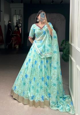 Mint Green Floral Print Silk Lehenga Set