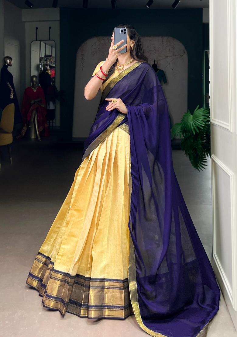 Yellow Zari Work Kanchipuram Lehenga Set - Indya
