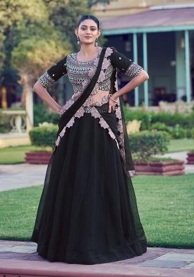 Black Embroidered Georgette Lehenga Set