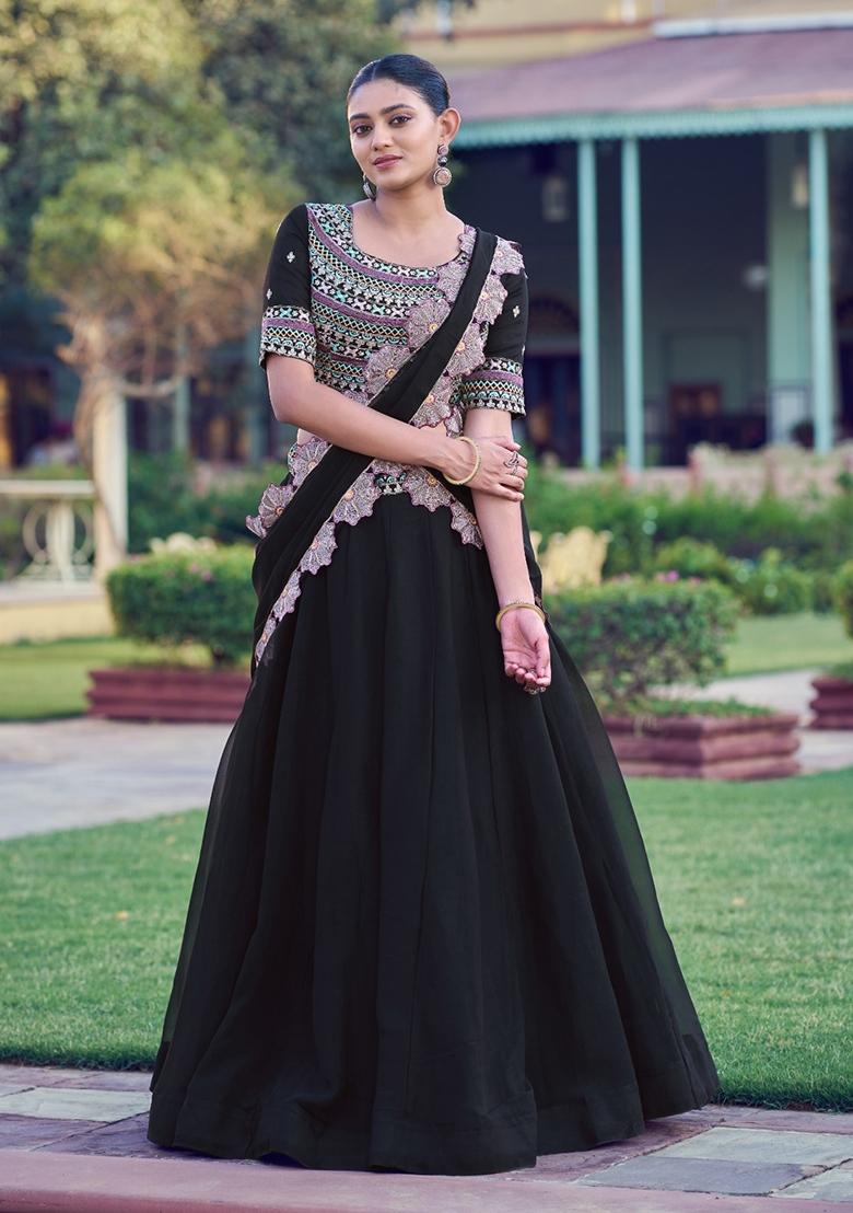 Black Embroidered Georgette Lehenga Set - Indya