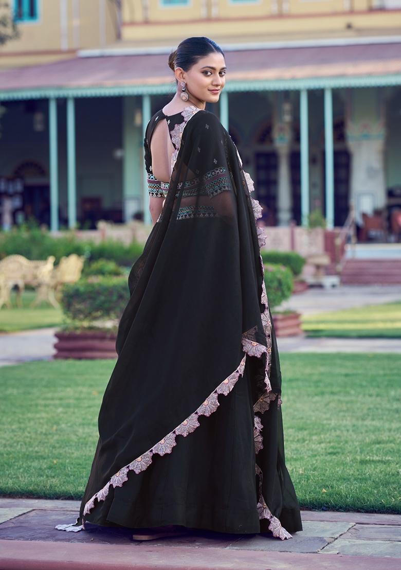 Black Embroidered Georgette Lehenga Set - Indya