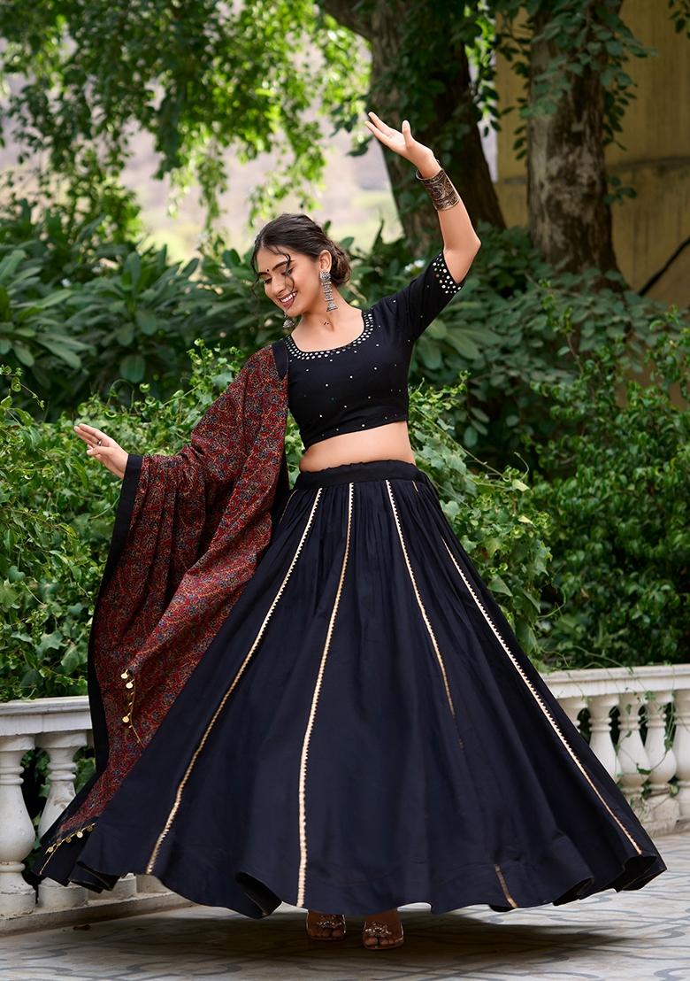 Black Gota Patti Cotton Lehenga Set - Indya