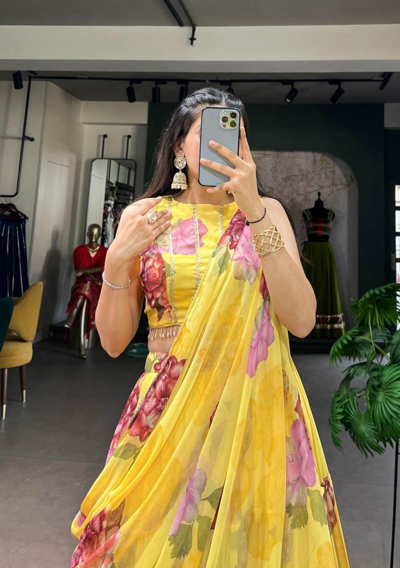 Yellow Floral Print Chiffon Lehenga Set - Indya