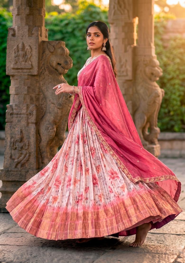 Red Zari Work Dola Chex Lehenga Set - Indya