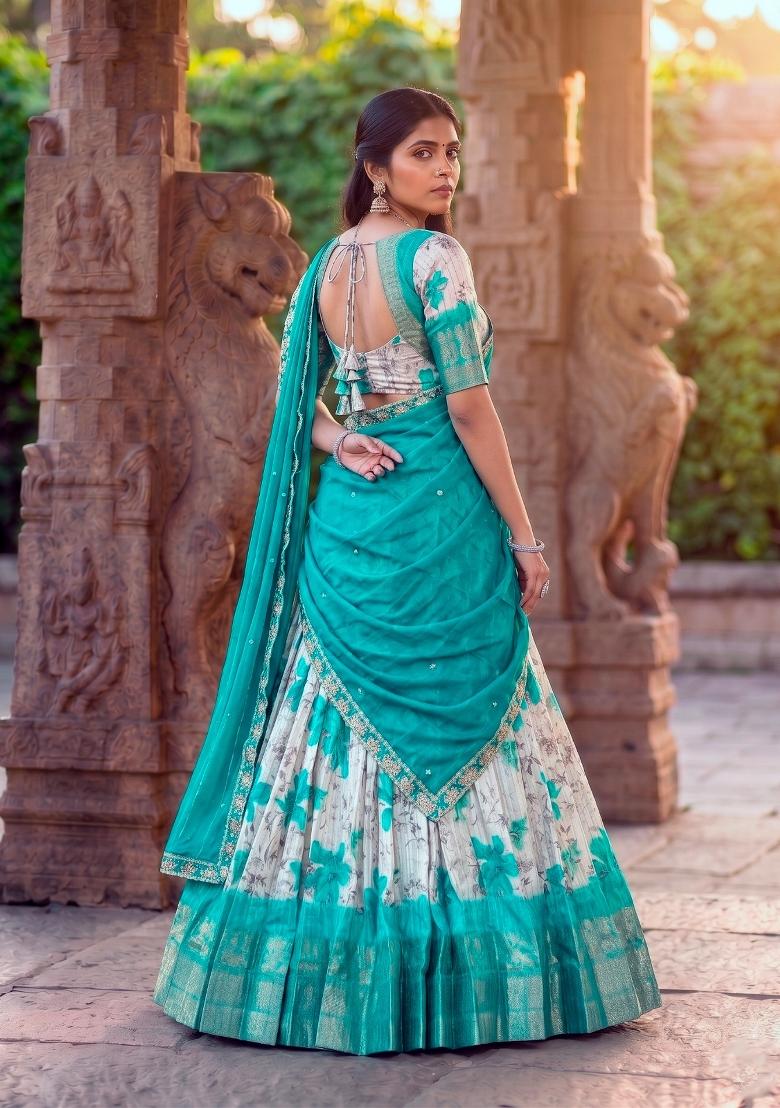 Teal Zari Work Dola Chex Lehenga Set - Indya