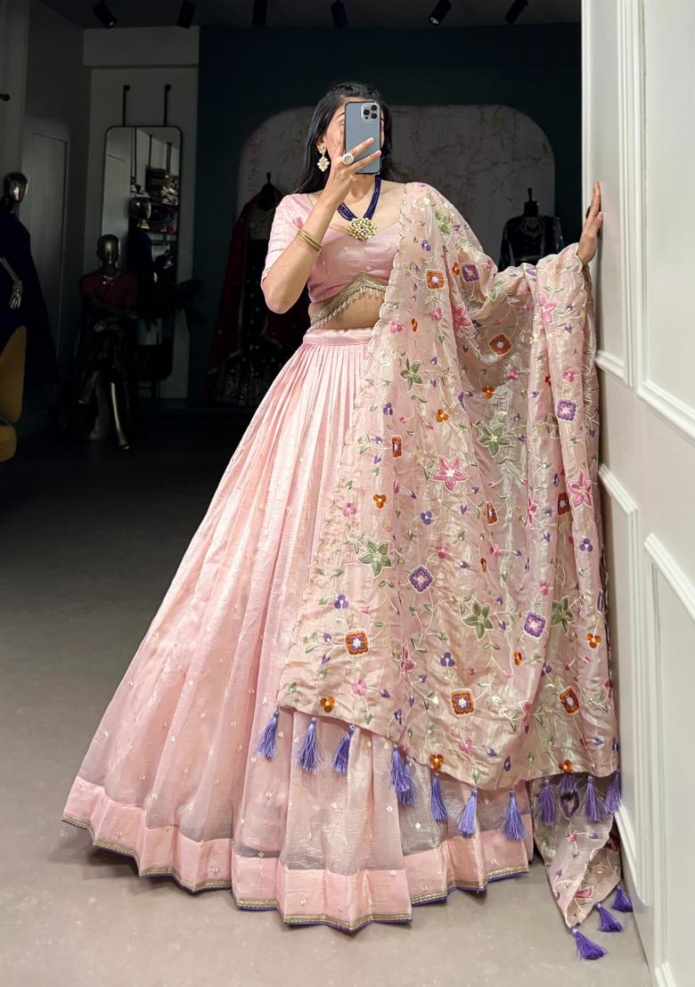 Pink Embroidered Gold Crush Lehenga Set - Indya