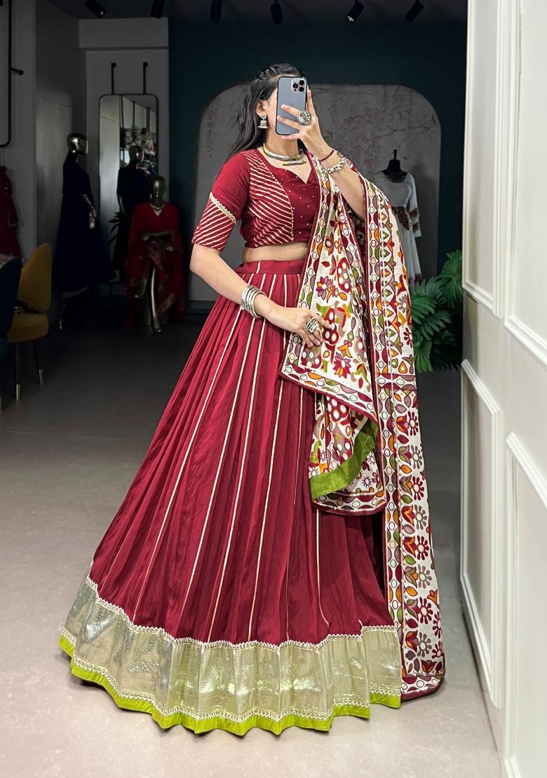 Maroon Zari Work Chanderi Lehenga Set - Indya