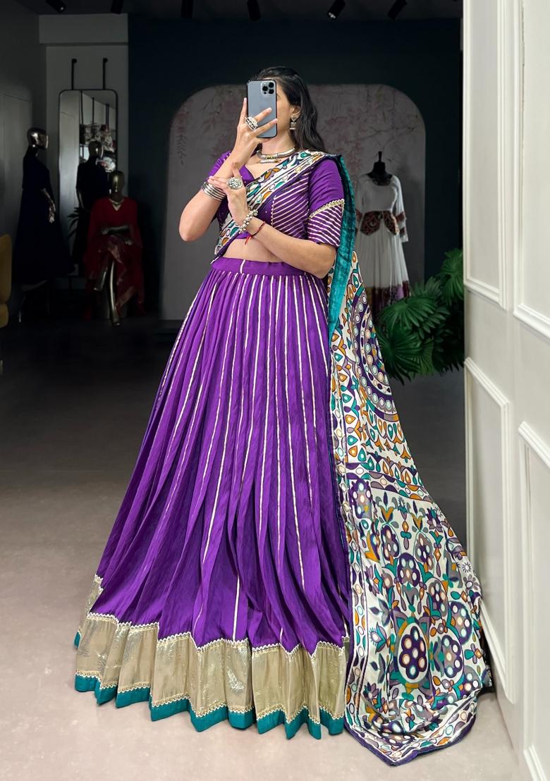 Purple Zari Work Chanderi Lehenga Set - Indya