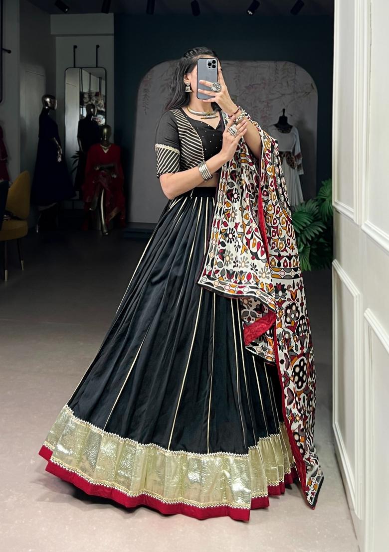 Black Zari Work Chanderi Lehenga Set - Indya