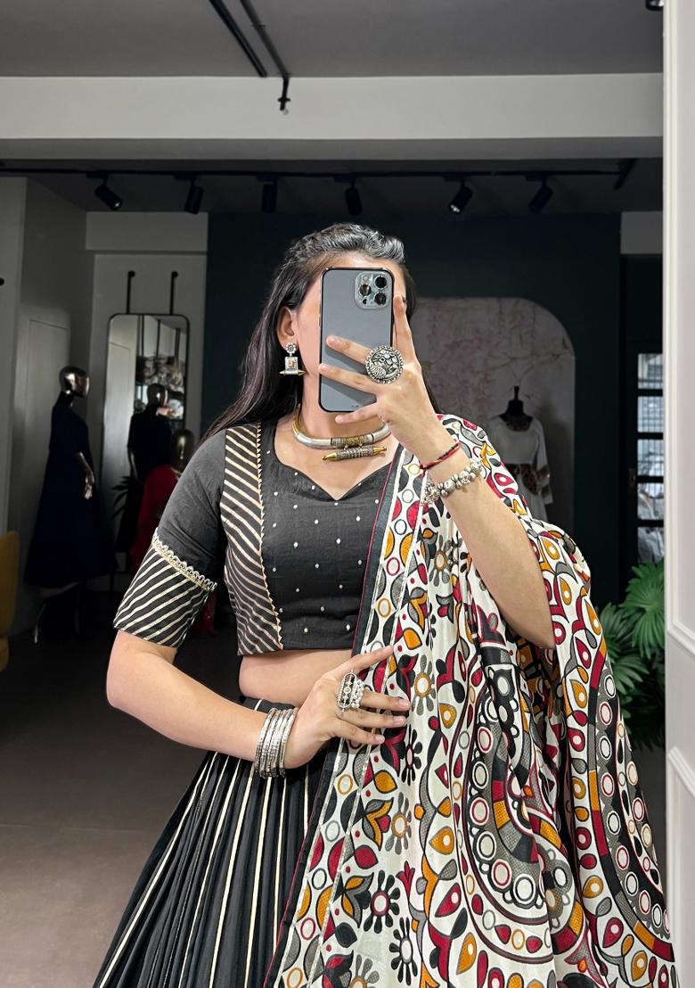 Black Zari Work Chanderi Lehenga Set - Indya