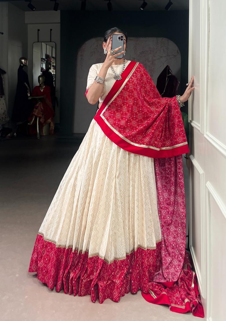 White Bandhej Cotton Lehenga Set - Indya