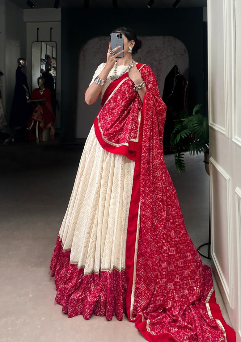 White Bandhej Cotton Lehenga Set - Indya