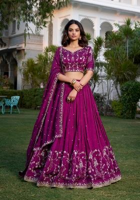Wine Embroidered Silk Lehenga Set