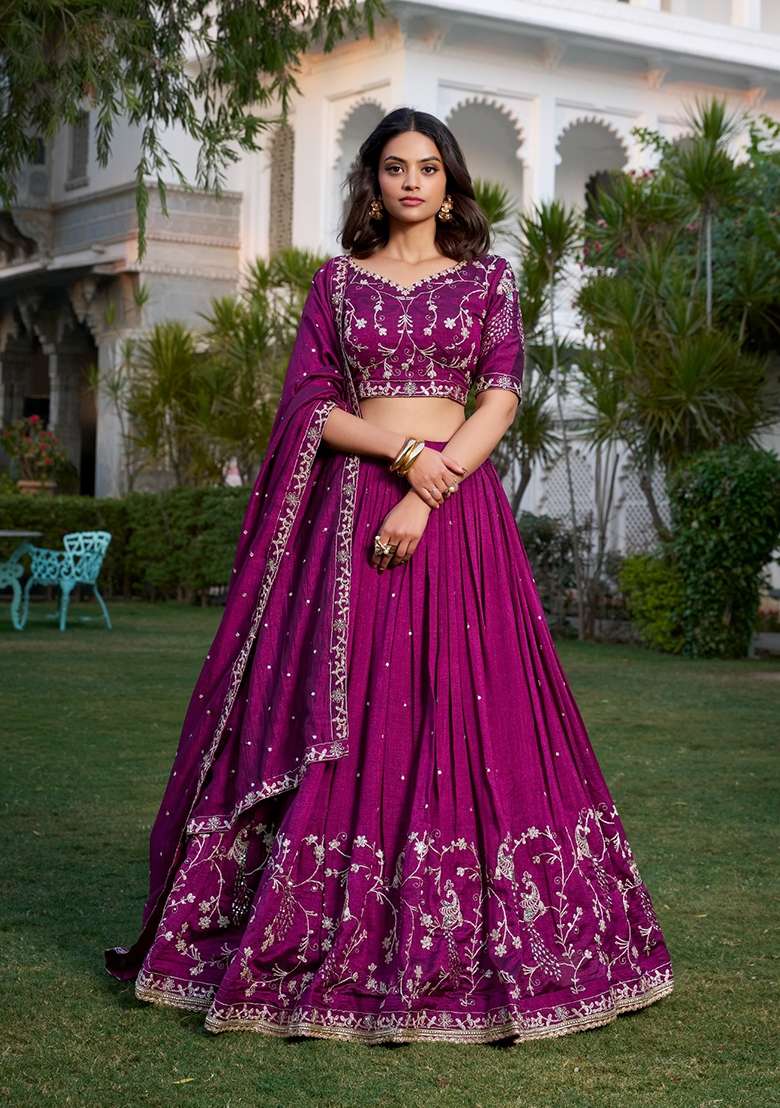 Wine Silk Lehenga Set with Embroidered for Diwali | Wedding & Festive Wear - Indya