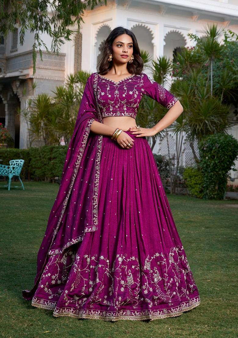 Wine Embroidered Silk Lehenga Set - Indya