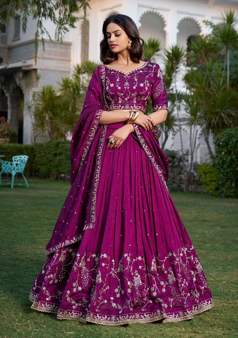Wine Silk Lehenga Set with Embroidered for Diwali | Wedding & Festive Wear - Indya