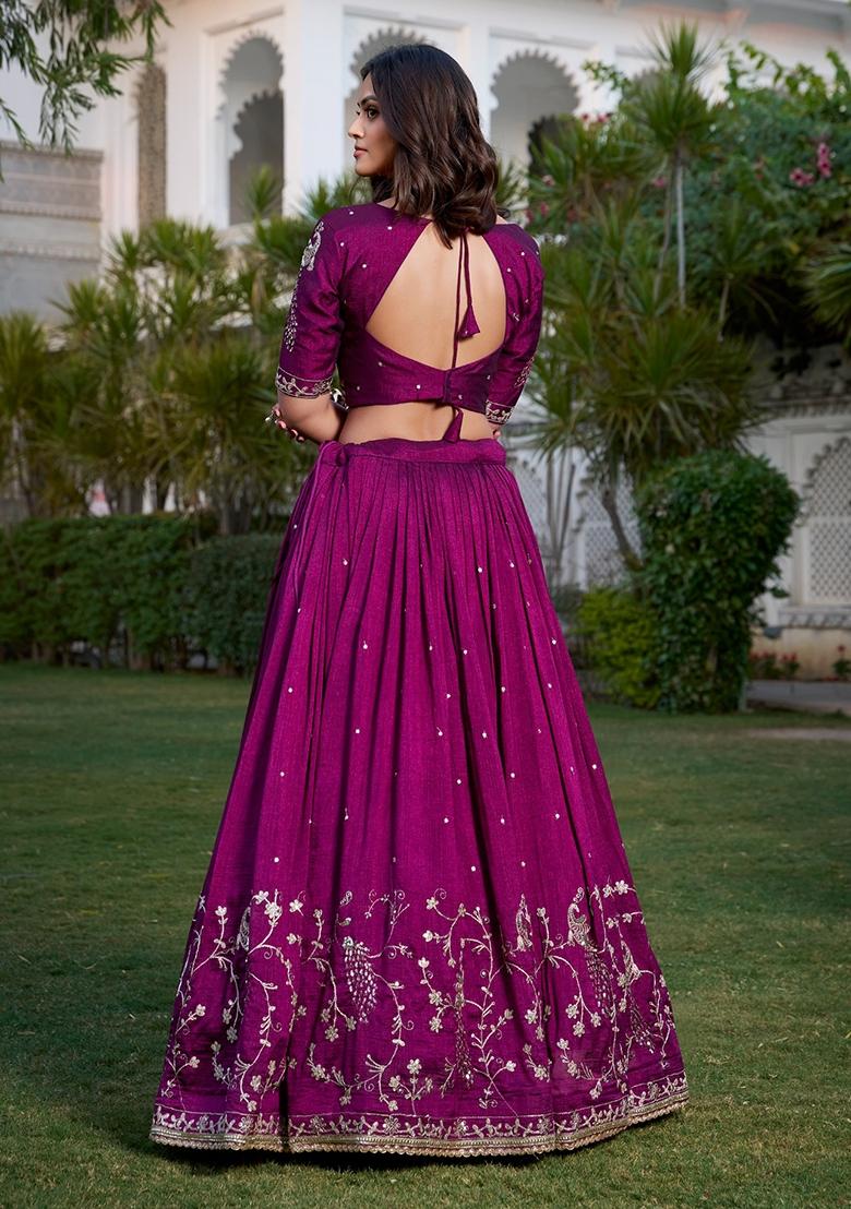 Wine Embroidered Silk Lehenga Set - Indya