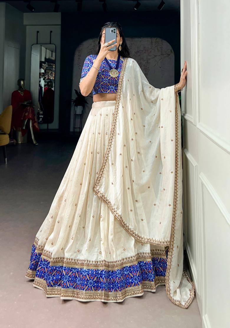 White Embroidered Silk Lehenga Set - Indya