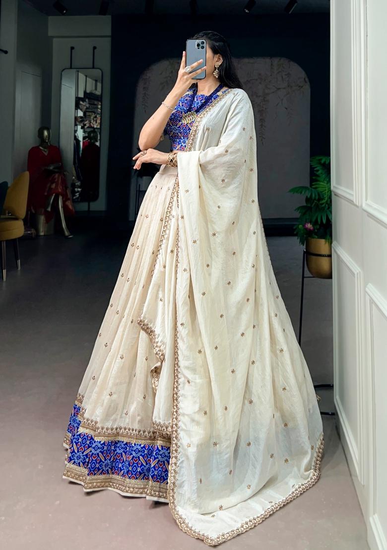 White Embroidered Silk Lehenga Set - Indya