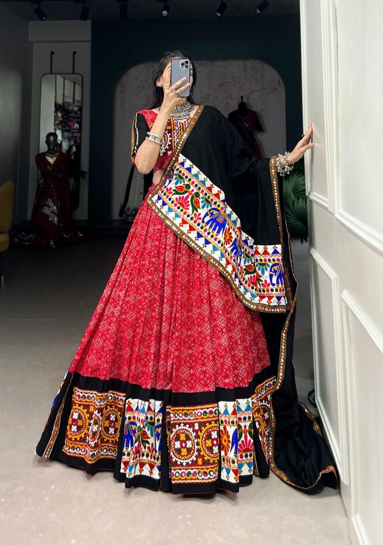 Red Printed Cotton Lehenga Set - Indya