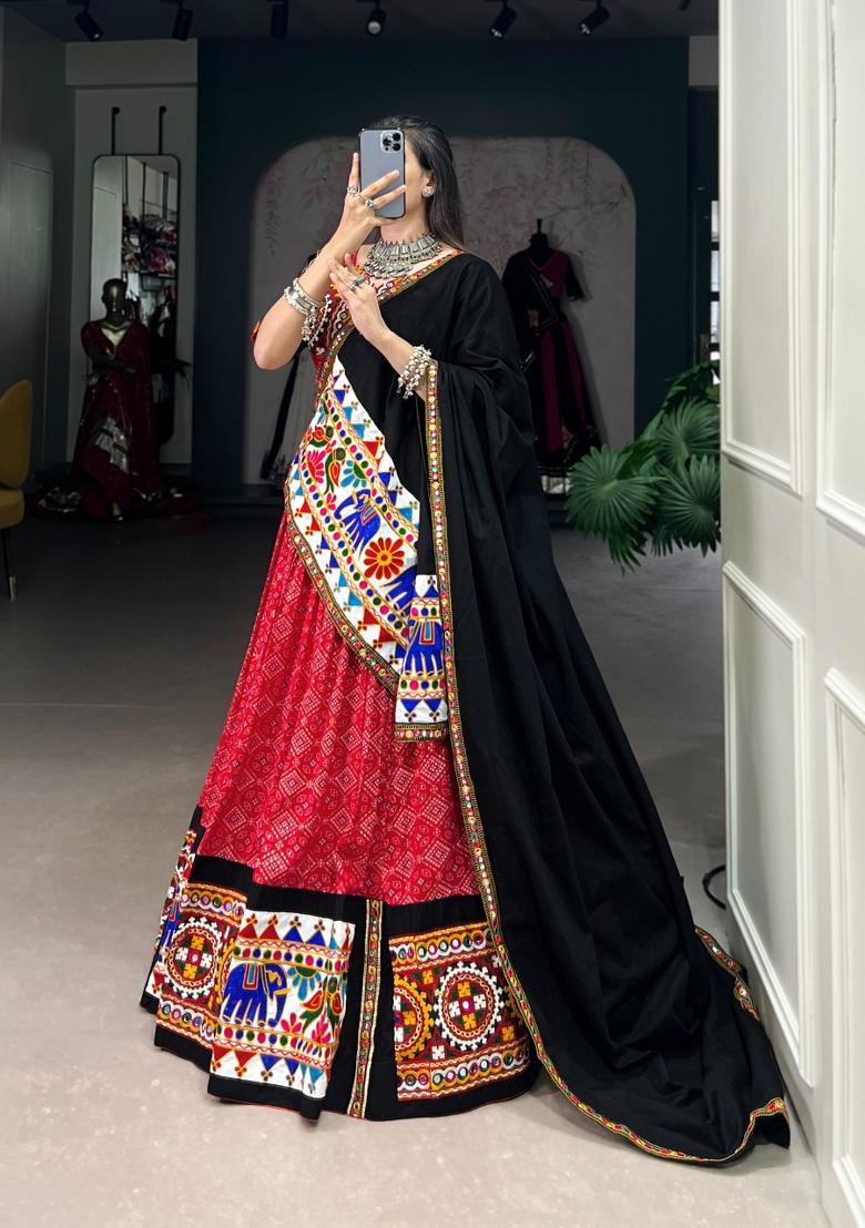 Red Printed Cotton Lehenga Set - Indya