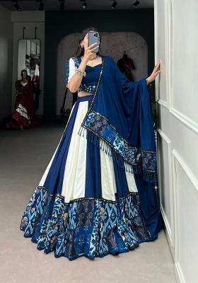 Blue Printed Rayon Lehenga Set