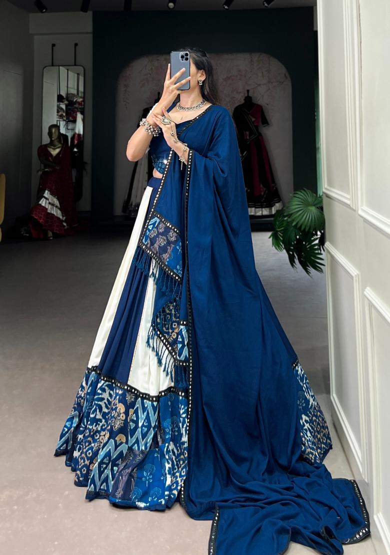 Blue Printed Rayon Lehenga Set - Indya