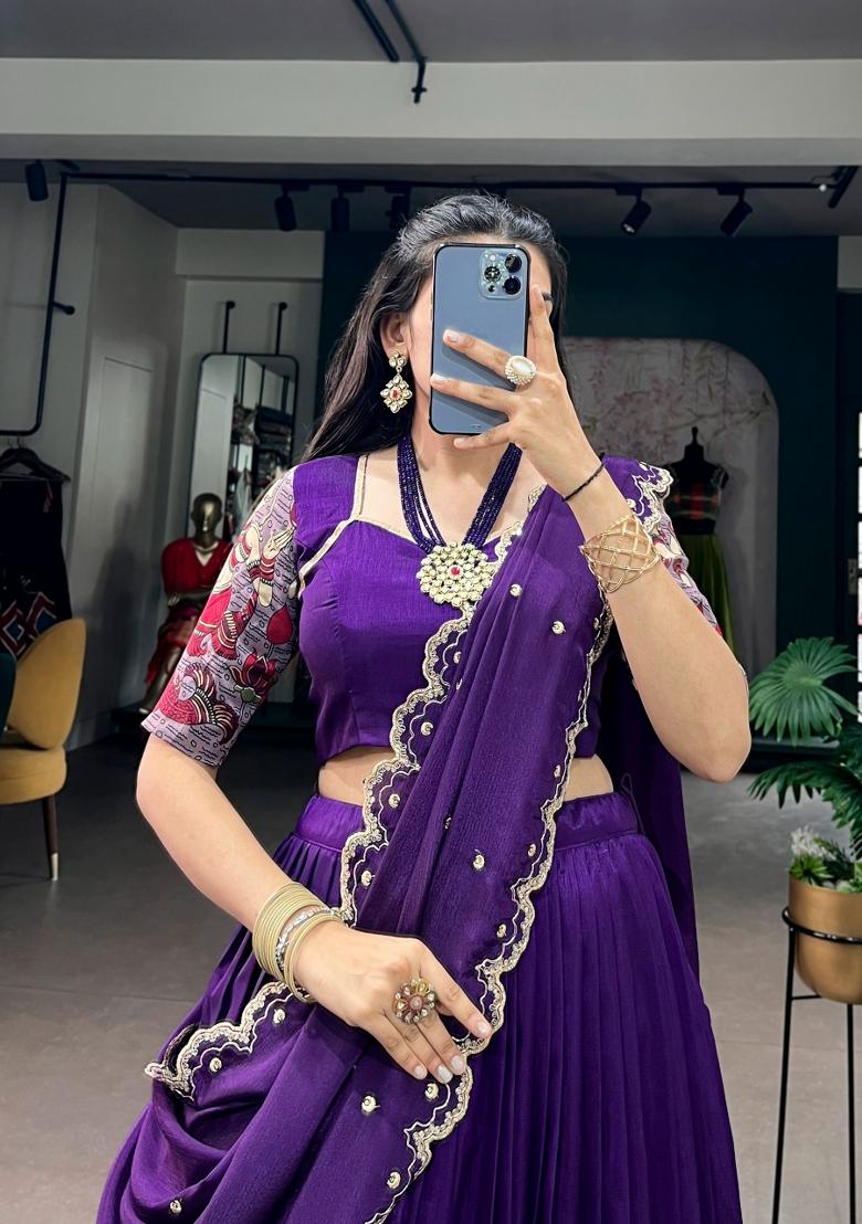 Purple Zari Work Silk Lehenga Set - Indya
