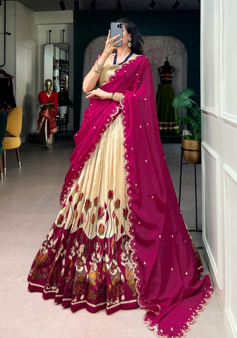 White Zari Work Silk Lehenga Set - Indya