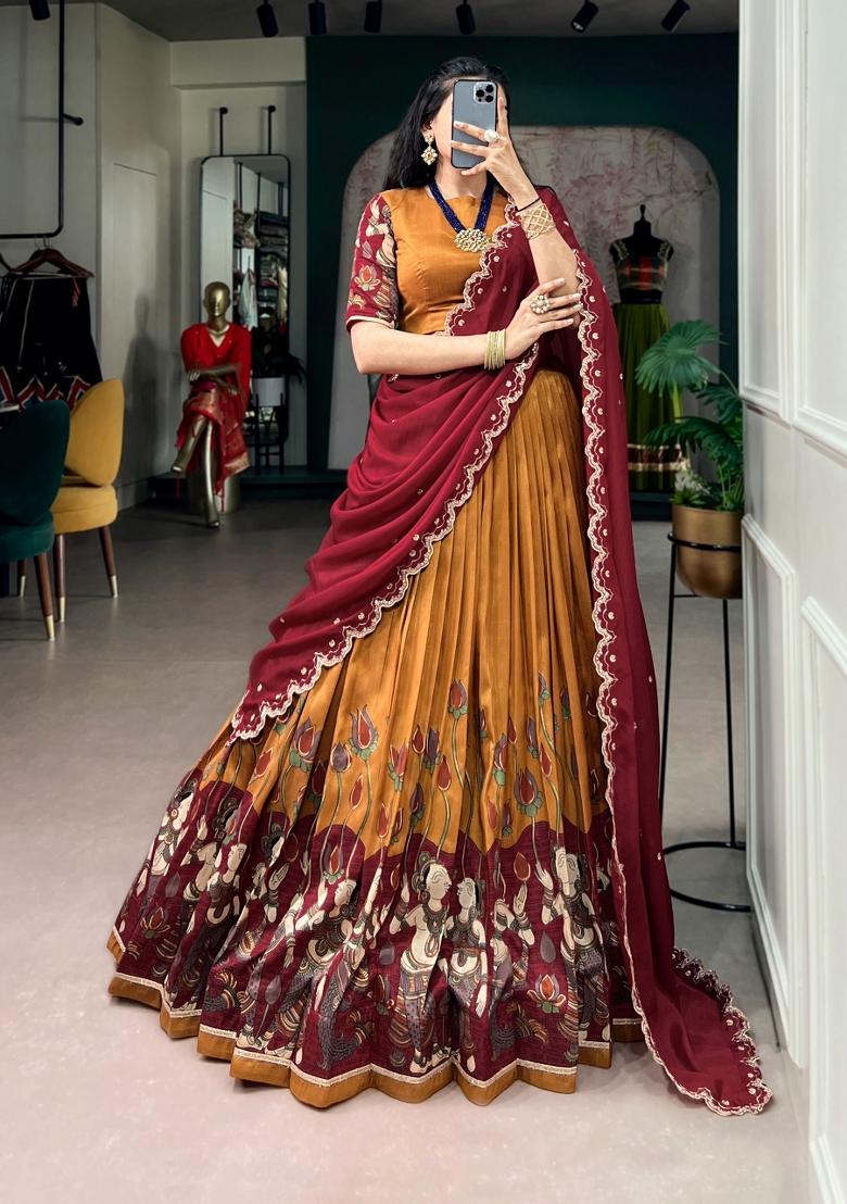 Mustard Zari Work Silk Lehenga Set - Indya