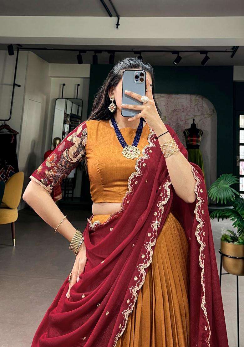 Mustard Zari Work Silk Lehenga Set - Indya