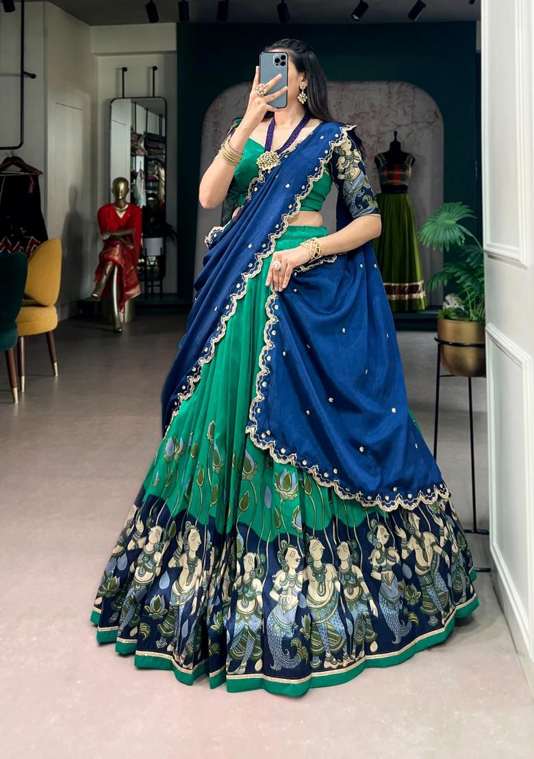 Peacock Zari Work Silk Lehenga Set - Indya