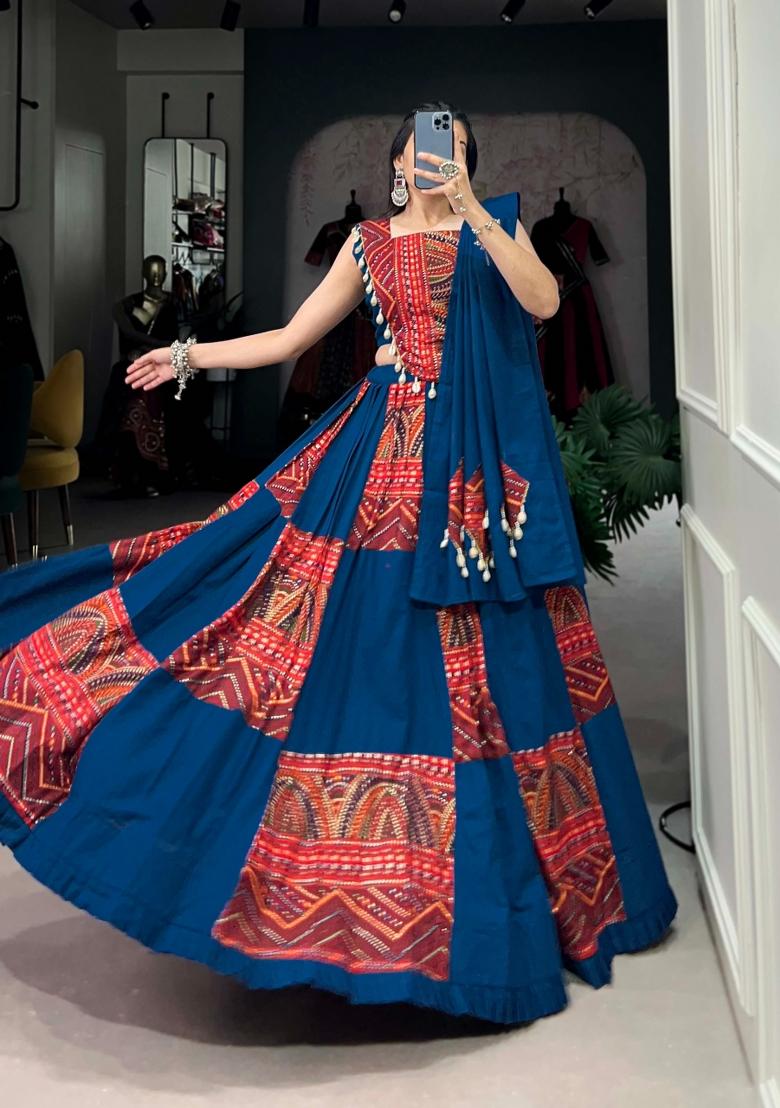 Blue Printed Rayon Lehenga Set - Indya