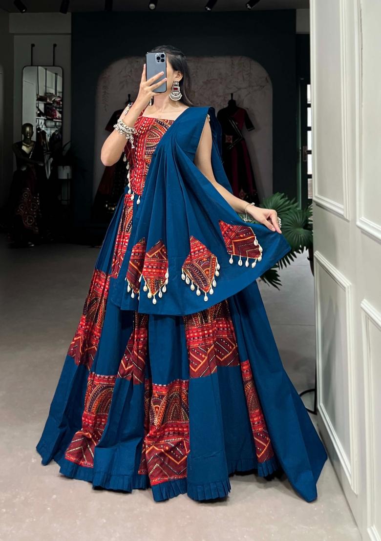 Blue Printed Rayon Lehenga Set - Indya