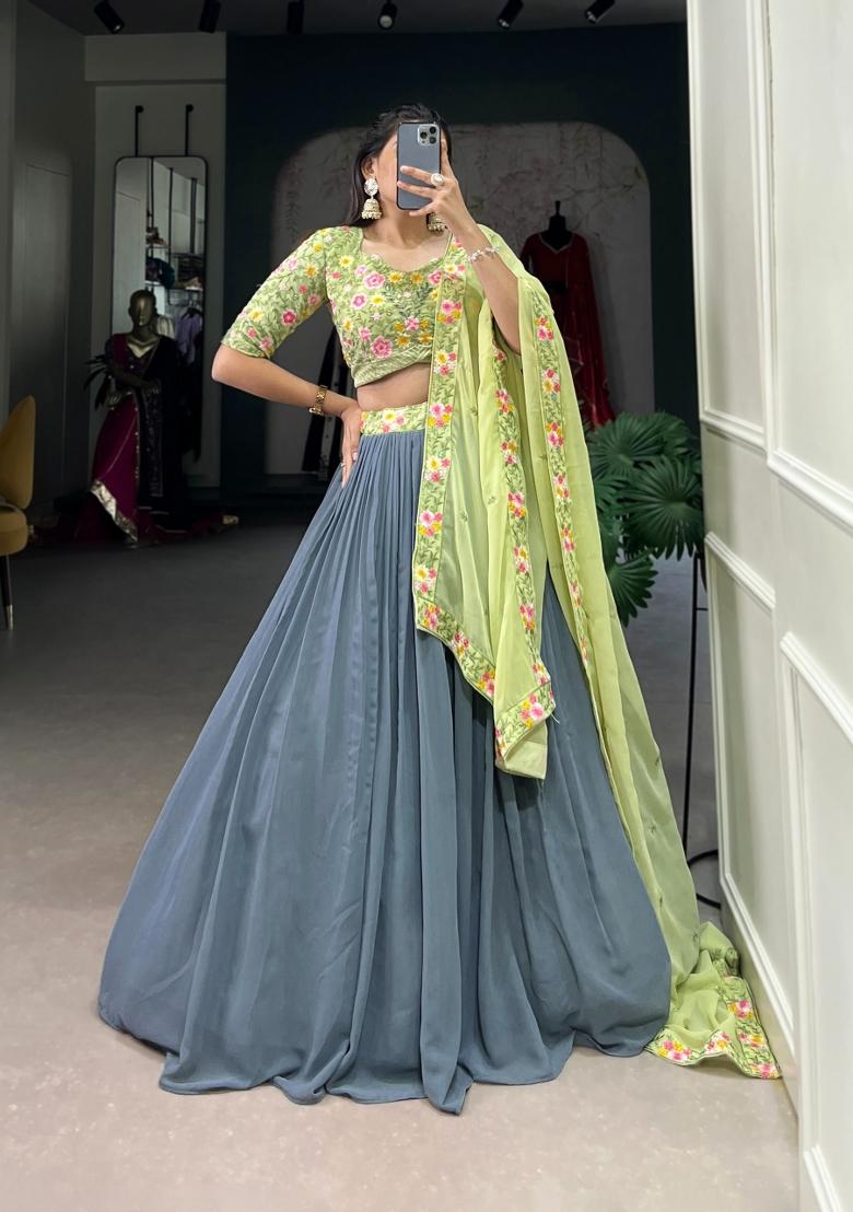 Grey Embroidered Georgette Lehenga Set - Indya