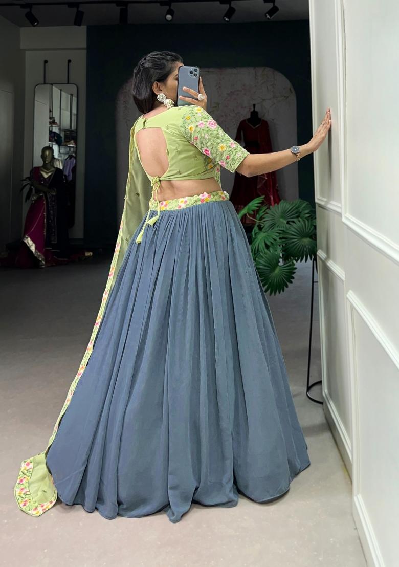 Grey Embroidered Georgette Lehenga Set - Indya