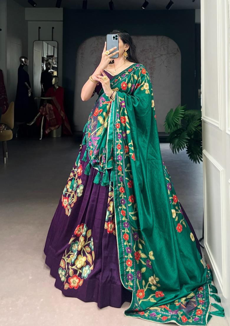 Purple Printed Silk Lehenga Set - Indya