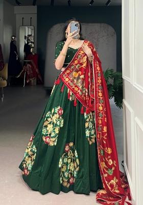 Green Printed Silk Lehenga Set