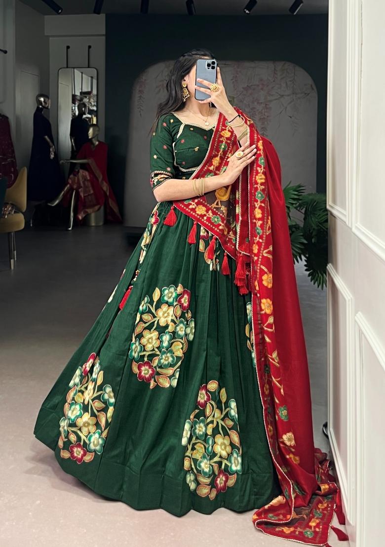 Green Printed Silk Lehenga Set - Indya