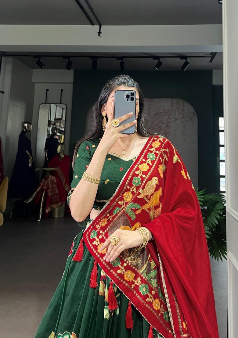 Green Printed Silk Lehenga Set - Indya