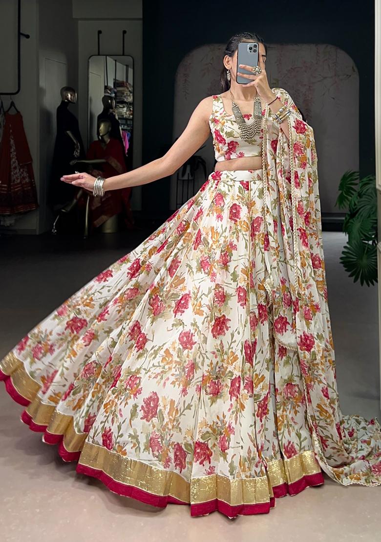 White Floral Print Chiffon Lehenga Set - Indya