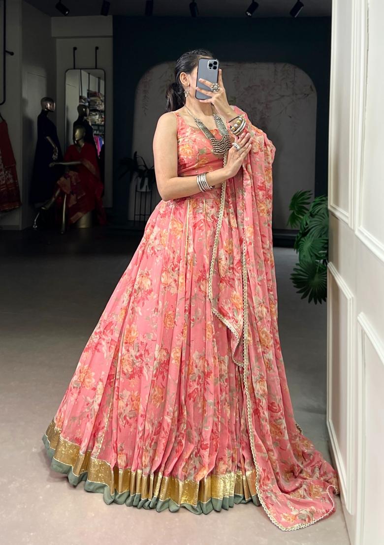 Peacock Floral Print Chiffon Lehenga Set - Indya
