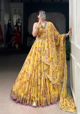 Yellow Floral Print Chiffon Lehenga Set