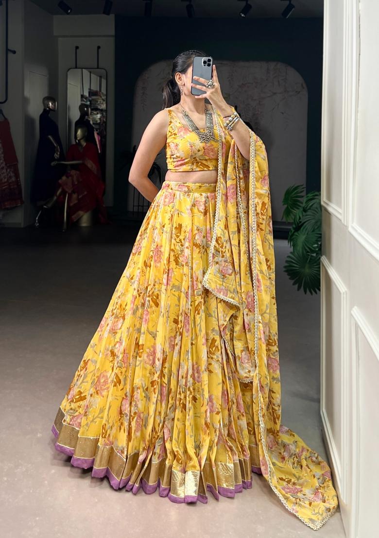 Yellow Floral Print Chiffon Lehenga Set - Indya