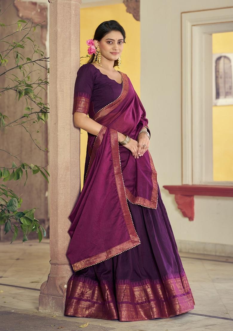 Purple Zari Work Cotton Lehenga Set - Indya