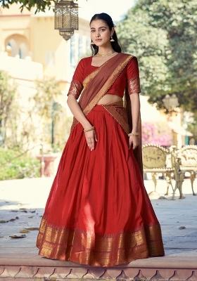 Red Zari Work Cotton Lehenga Set