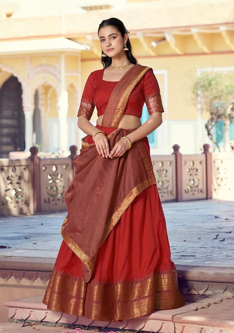 Red Zari Work Cotton Lehenga Set - Indya