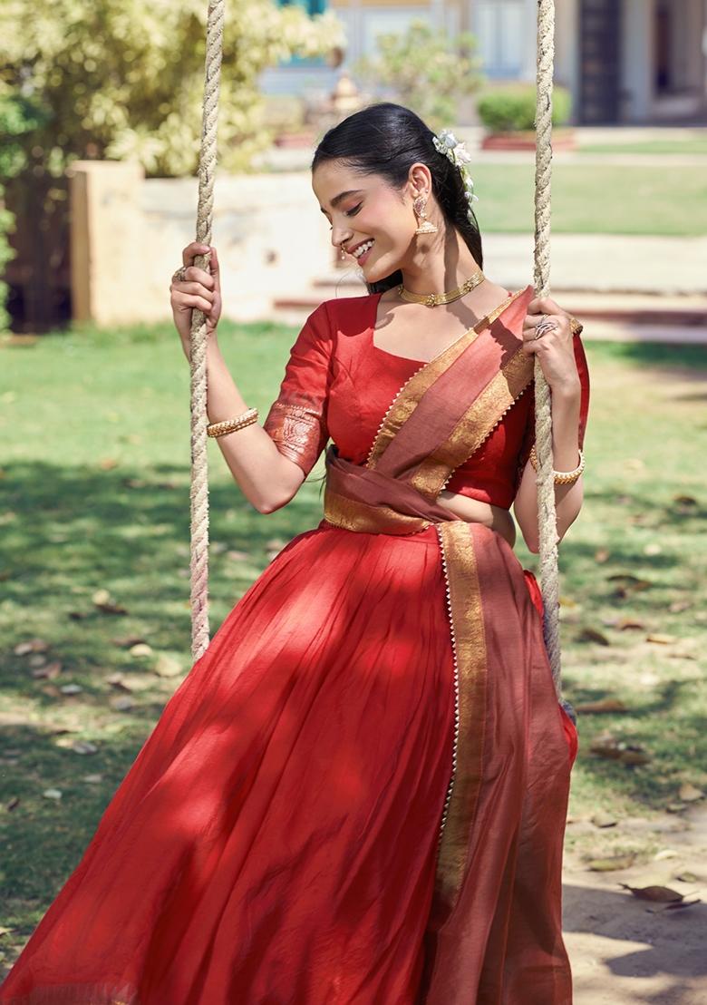 Red Zari Work Cotton Lehenga Set - Indya