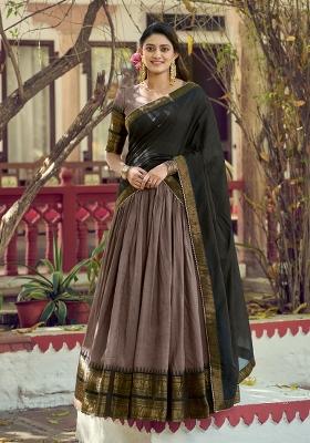 Brown Zari Work Cotton Lehenga Set